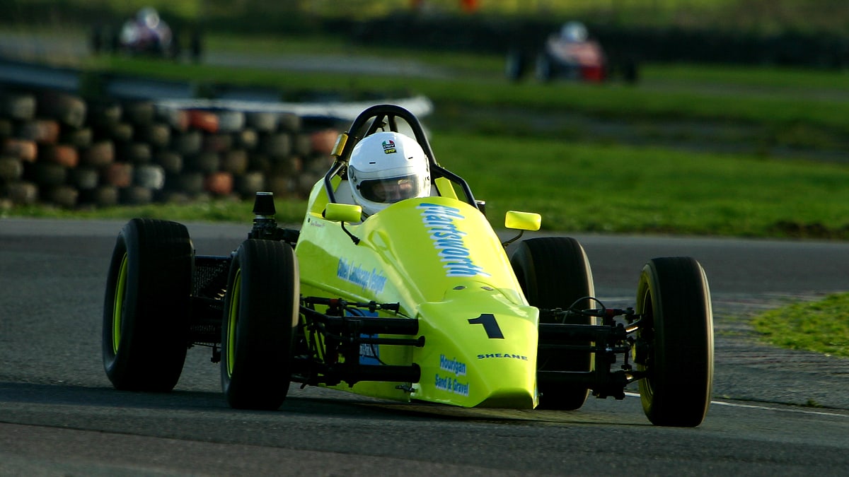Yellow Irish Formula Vee race car from the front