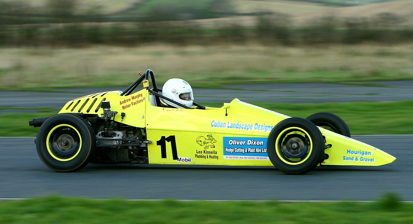 Yellow Irish Formula Vee race car in profile